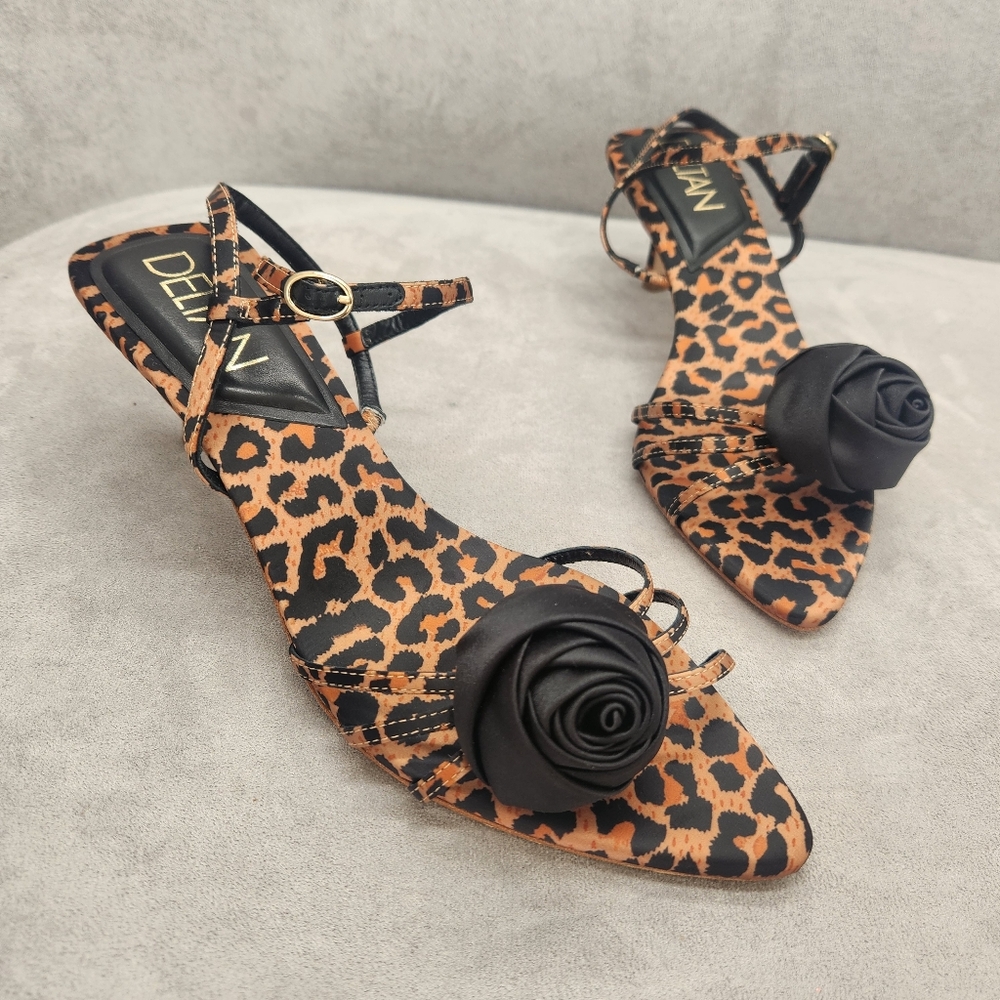 Deltan Dressy Sandals 10 Brown Satin Amayah Leopard Print Black Rosette New $110 - Picture 4 of 15